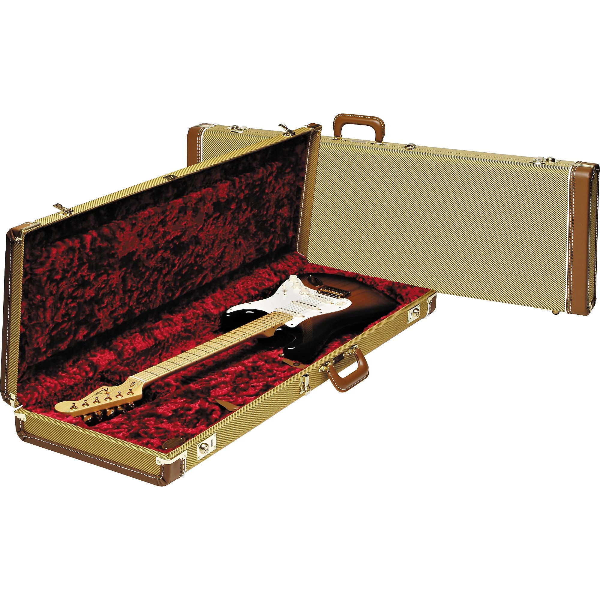 FENDER STRAT/TELE HARDSHELL CASE - GOLD TWEED RED PLUSH INTERIOR